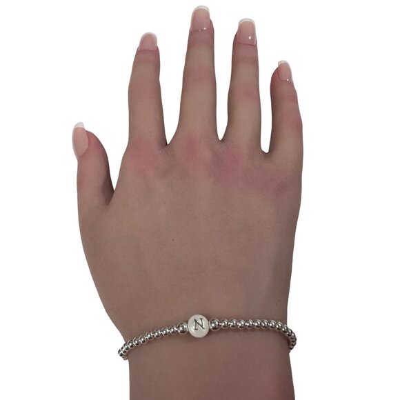 925 Sterling Silver Beaded Stretch Stacking Bracelet MOP Letter Initial N - Picture 3 of 6